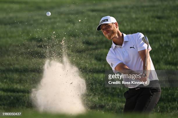 Jesper Svensson of Sweden plays his third shot from a bunker on the ninth hole during Day Two of the Bahrain Championship presented by Bapco Energies...