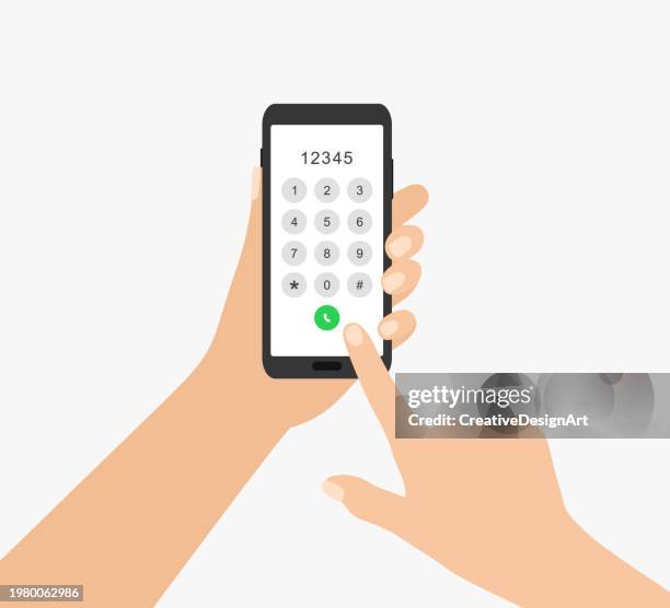 human hand with smartphone dialing number to make a phone call - telephone number stock illustrations