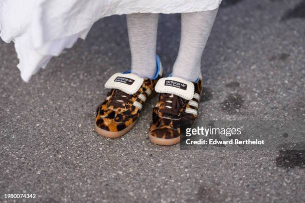 Close-up detail view of Adidas brown leopard print sneakers shoes , outside Gestuz, during the Copenhagen Fashion Week AW24 on February 01, 2024 in...