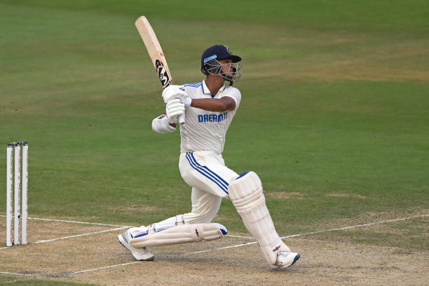 India batsman Yashasvi Jaiswal hits out for 6 runs during day one of the 2nd Test Match between India and England at ACA-VDCA Stadium on February 02,...