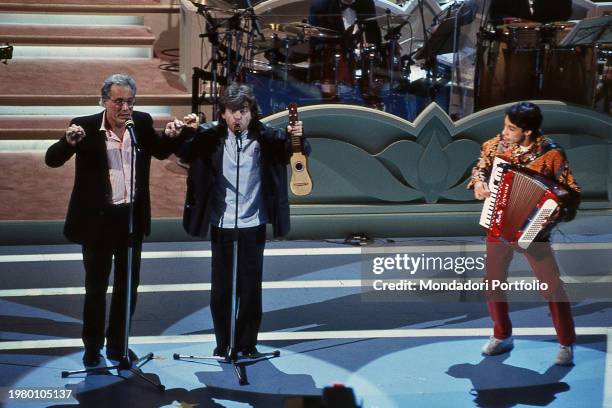Singer, cabaret artist, pianist, actor, screenwriter Enzo Jannacci and Italian singer Paolo Rossi sing Soliti Racconti during the Italian Song...