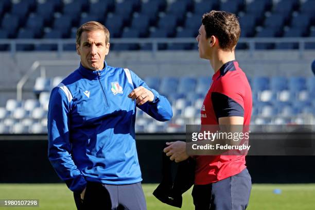 Head coach Gonzalo Quesada of Italy and Paolo Garbisi of Italy during a training session at Stadio Olimpico on February 02, 2024 in Rome, Italy.