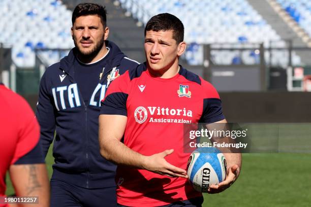 Giovanbattista Venditti e Giacomo Nicotera of Italy attend a training session at Stadio Olimpico on February 02, 2024 in Rome, Italy.