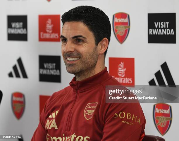 Arsenal manager Mikel Arteta attends a press conference at the Sobha Realty Training Centre at London Colney on February 02, 2024 in St Albans,...