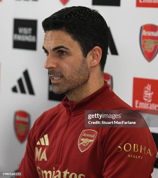 Arsenal manager Mikel Arteta attends a press conference at the Sobha Realty Training Centre at London Colney on February 02, 2024 in St Albans,...