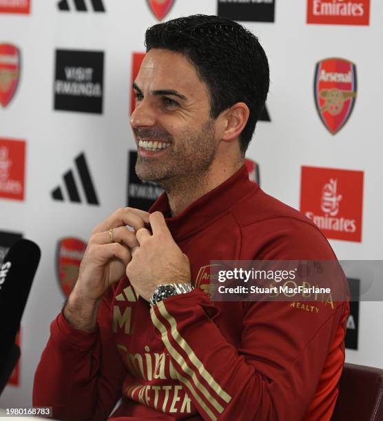 Arsenal manager Mikel Arteta attends a press conference at the Sobha Realty Training Centre at London Colney on February 02, 2024 in St Albans,...