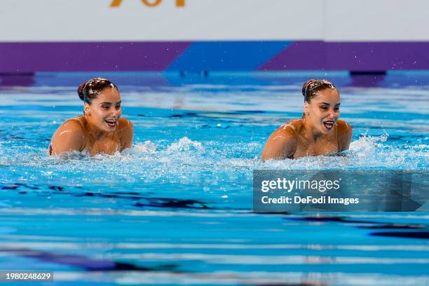 Soledad Garcia of Chile and Trinidad Garcia of Chile competes in the Artistic Swimming - Woman Duet Technical on day one of the Doha 2024 World...