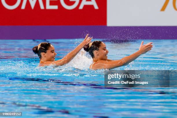 Soledad Garcia of Chile and Trinidad Garcia of Chile competes in the Artistic Swimming - Woman Duet Technical on day one of the Doha 2024 World...