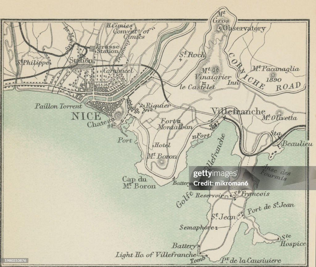 Old chromolithograph map of Nice, a city in and the prefecture of the Alpes-Maritimes department in France (located on the French Riviera, the southeastern coast of France on the Mediterranean Sea, at the foot of the French Alps)