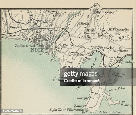 Old chromolithograph map of Nice, a city in and the prefecture of the Alpes-Maritimes department in France (located on the French Riviera, the southeastern coast of France on the Mediterranean Sea, at the foot of the French Alps) Old chromolithograph map of Nice, a city in and the prefecture of the Alpes-Maritimes department in France (located on the French Riviera, the southeastern coast of France on the Mediterranean Sea, at the foot of the French Alps)