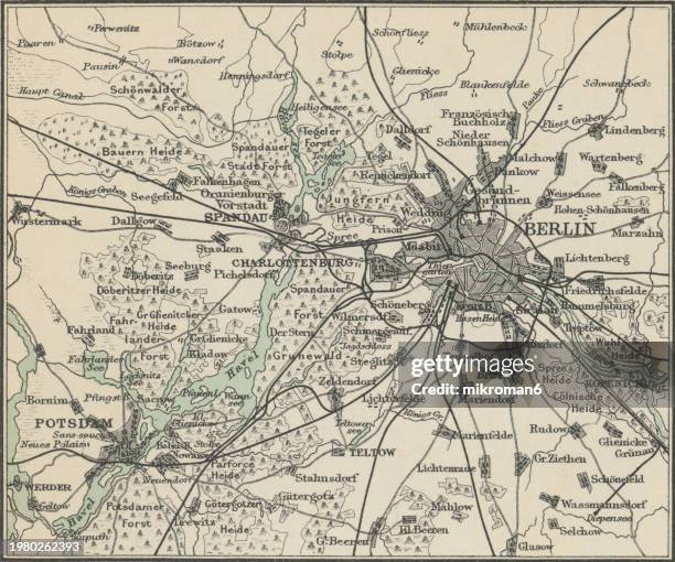 old chromolithograph map of berlin, capital and largest city of germany by both area and population - mitte stock pictures, royalty-free photos & images