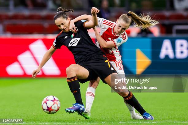 Evelyne Viens of AS Roma and Milicia Keijzer of AFC Ajax battle for the ball during the UEFA Women's Champions League group stage match between AFC...