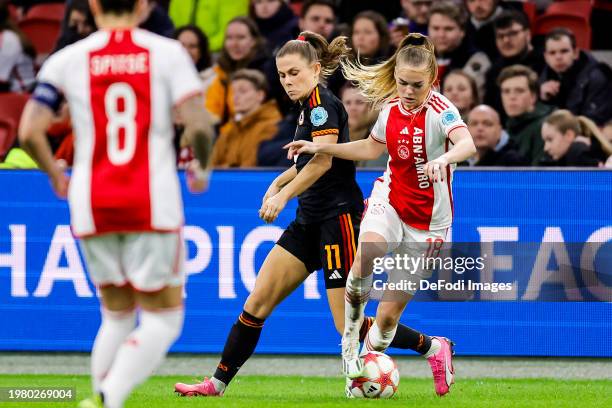 Milicia Keijzer of AFC Ajax and Emilie Haavi of AS Roma battle for the ball during the UEFA Women's Champions League group stage match between AFC...