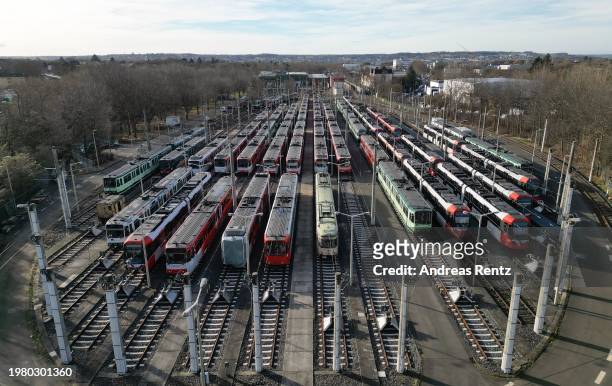 In this aerial view, trams are stationary at a depot of the SWB transport authority during a one-day strike on February 02, 2024 in Bonn, Germany....
