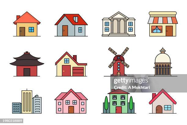 ilustraciones, imágenes clip art, dibujos animados e iconos de stock de conjunto de iconos de casas y edificios. - casita de campo