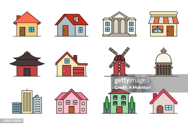 houses and buildings icon set. - lady justice technology stock illustrations
