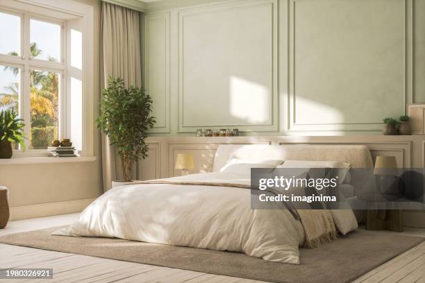 modern cozy bedroom in pastel tones - cozy bedroom stock pictures, royalty-free photos & images