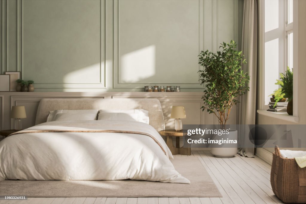 Modernes, gemütliches Schlafzimmer in Pastelltönen