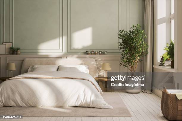 modern cozy bedroom in pastel tones - cozy home interior stock pictures, royalty-free photos & images