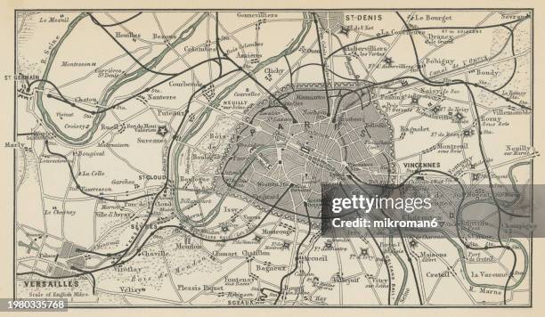 old chromolithograph map of paris, capital and most populous city of france - yvelines stock pictures, royalty-free photos & images