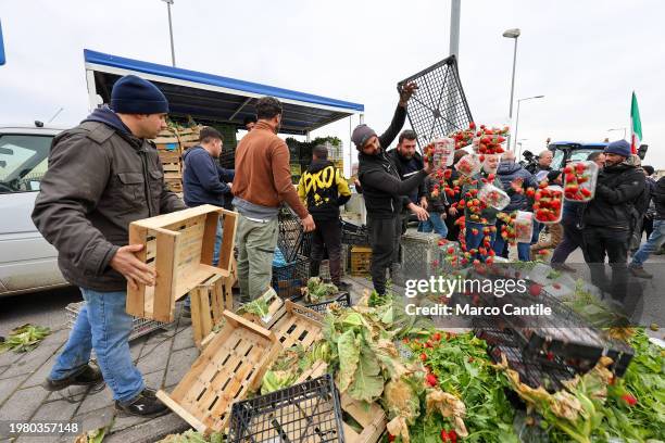 Farmers throw away their products, fruits and vegetables, during the demonstration to protest against the "Green Deal" initiatives, approved by the...