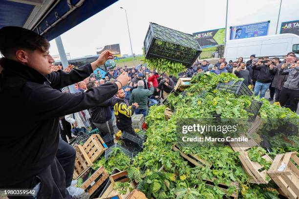 Farmers throw away their products, fruits and vegetables, during the demonstration to protest against the "Green Deal" initiatives, approved by the...