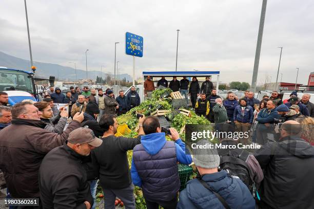 Farmers throw away their products, fruits and vegetables, during the demonstration to protest against the "Green Deal" initiatives, approved by the...