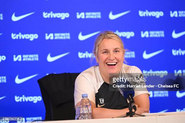 Emma Hayes, Manager of Chelsea reacts during a Chelsea FC Women's Press Conference at Chelsea Training Ground on February 02, 2024 in Cobham, England.