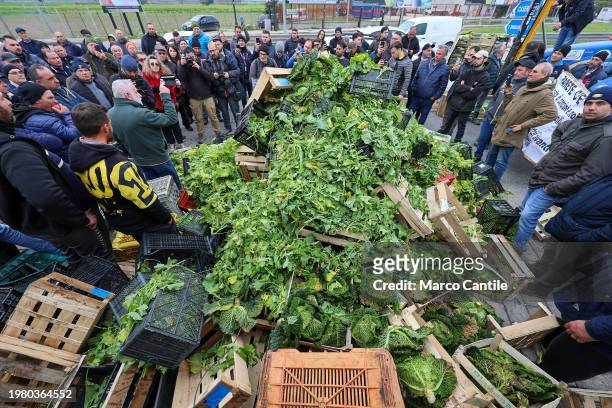 Farmers throw away their products, fruits and vegetables, during the demonstration to protest against the "Green Deal" initiatives, approved by the...