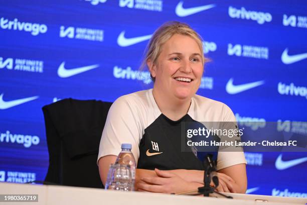 Emma Hayes, Manager of Chelsea reacts during a Chelsea FC Women's Press Conference at Chelsea Training Ground on February 02, 2024 in Cobham, England.