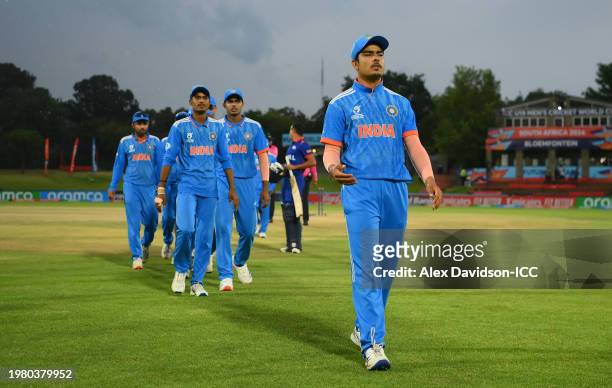 Uday Saharan of India leads their side off following the ICC U19 Men's Cricket World Cup South Africa 2024 Super Six match between India and Nepal at...
