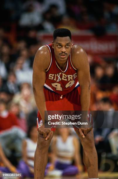 Rick Mahorn, Power Forward and Center for the Philadelphia 76ers looks on during the NBA Pacific Division basketball game against the Los Angeles...
