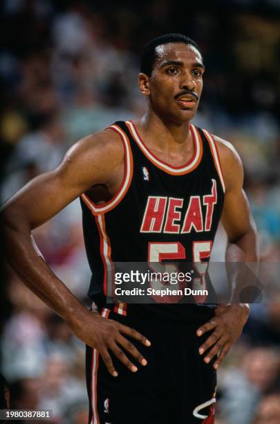 Billy Thompson, Small Forward for the Miami Heat looks on with hands on hips during the NBA Pacific Division basketball game against the Los Angeles...