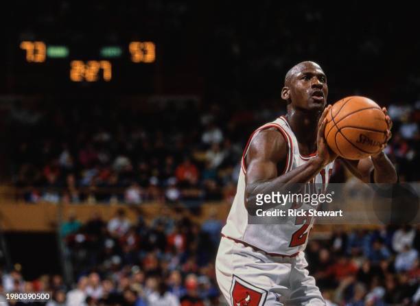 Michael Jordan, Shooting Guard and Small Forward for the Chicago Bulls prepares to make a free throw shot during the NBA Central Division basketball...