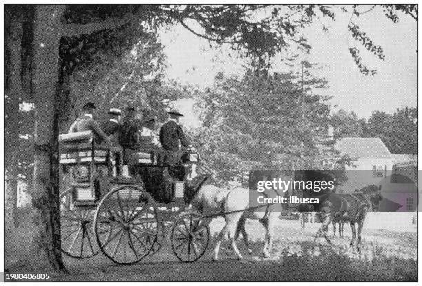 stockillustraties, clipart, cartoons en iconen met sport and pastimes in 1897: carriage - wagen getrokken door een dier