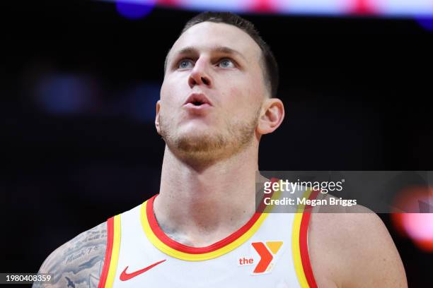 Garrison Mathews of the Atlanta Hawks looks on against the Miami Heat during the first quarter of the game at Kaseya Center on January 19, 2024 in...