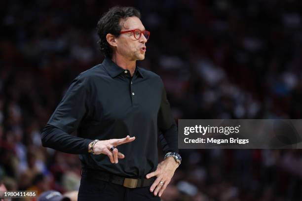 Head coach Quin Snyder of the Atlanta Hawks looks on during the second quarter of the game against the Miami Heat at Kaseya Center on January 19,...