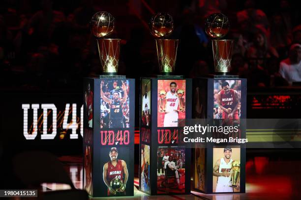 Detailed view of the Larry O'Brien Championship won by former Miami Heat player Udonis Haslem during his jersey retirement ceremony at halftime of a...