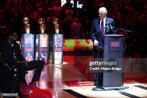Miami Heat president Pat Riley addresses the crowd during the Udonis Haslem jersey retirement ceremony at halftime of a game between the Atlanta...