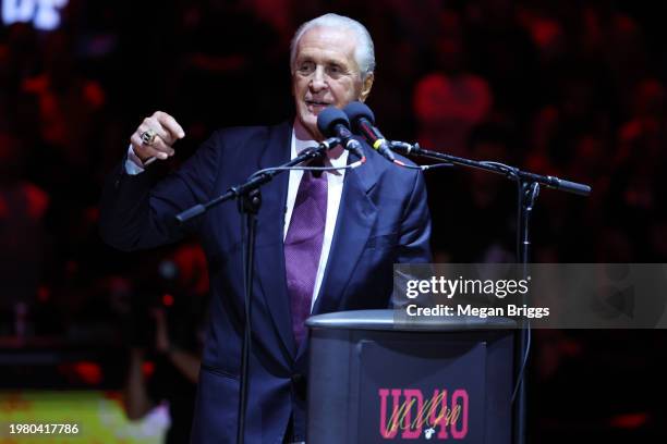 Miami Heat president Pat Riley addresses the crowd during the Udonis Haslem jersey retirement ceremony at halftime of a game between the Atlanta...
