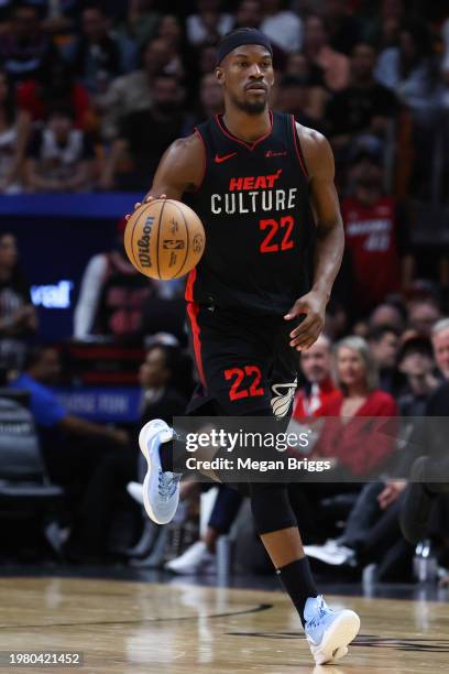 Jimmy Butler of the Miami Heat dribbles the ball against the Atlanta Hawks during the fourth quarter at Kaseya Center on January 19, 2024 in Miami,...