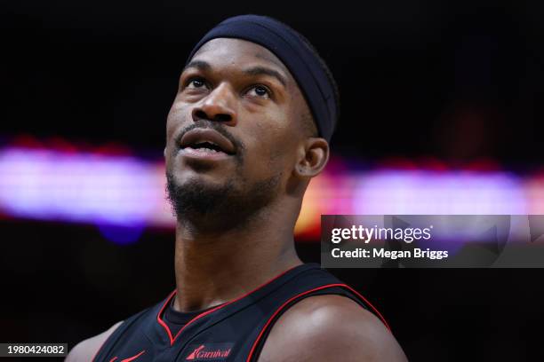 Jimmy Butler of the Miami Heat looks on against the Atlanta Hawks during the fourth quarter at Kaseya Center on January 19, 2024 in Miami, Florida....