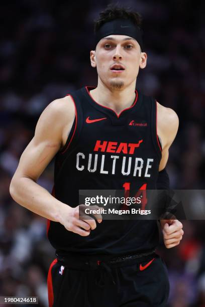 Tyler Herro of the Miami Heat looks on against the Atlanta Hawks during the fourth quarter at Kaseya Center on January 19, 2024 in Miami, Florida....