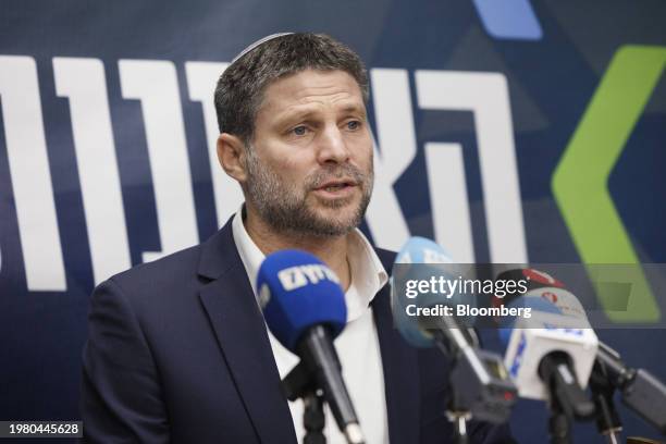Bezalel Smotrich, Israel's finance minister, during a news conference at the Knesset in Jerusalem, Israel, on Monday, Feb. 5, 2024. Israeli Prime...