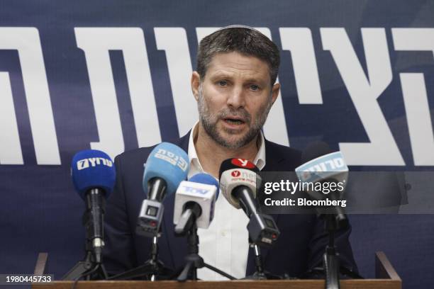 Bezalel Smotrich, Israel's finance minister, during a news conference at the Knesset in Jerusalem, Israel, on Monday, Feb. 5, 2024. Israeli Prime...