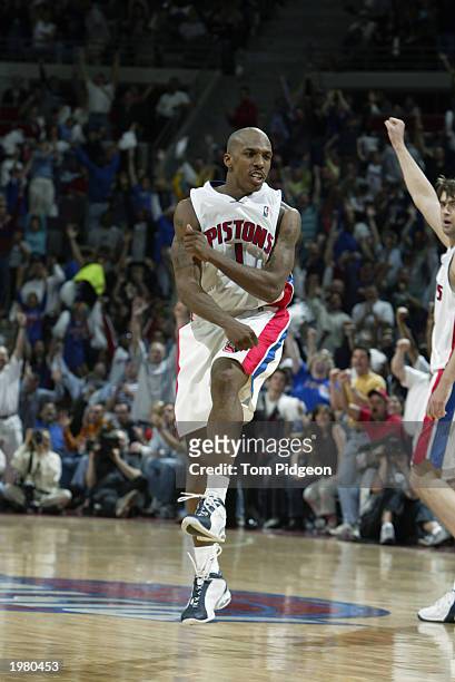 Chauncey Billups of the Detroit Pistons celebrates in Game seven of the Eastern Conference Quarterfinals against the Orlando Magic during the 2003...