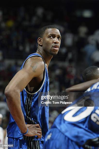 Tracy McGrady of the Orlando Magic looks up in Game seven of the Eastern Conference Quarterfinals against the Detroit Pistons during the 2003 NBA...