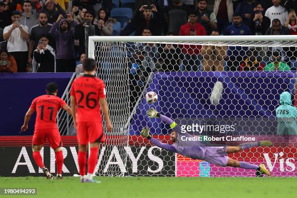 Hwang Hee-chan of South Korea levels the game 1-1 with a penalty kick during the AFC Asian Cup quarter final match between Australia and South Korea...