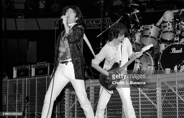 British songwriter and singer Paul Rodgers and British songwriter and guitarist Jimmy Page of the rock band The Firm perform at Meadowlands Arena on...