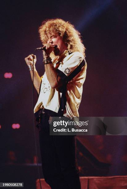 British songwriter and singer Robert Plant of the British rock band Led Zeppelin perform during the Atlantic Records 40th Anniversary Concert at...